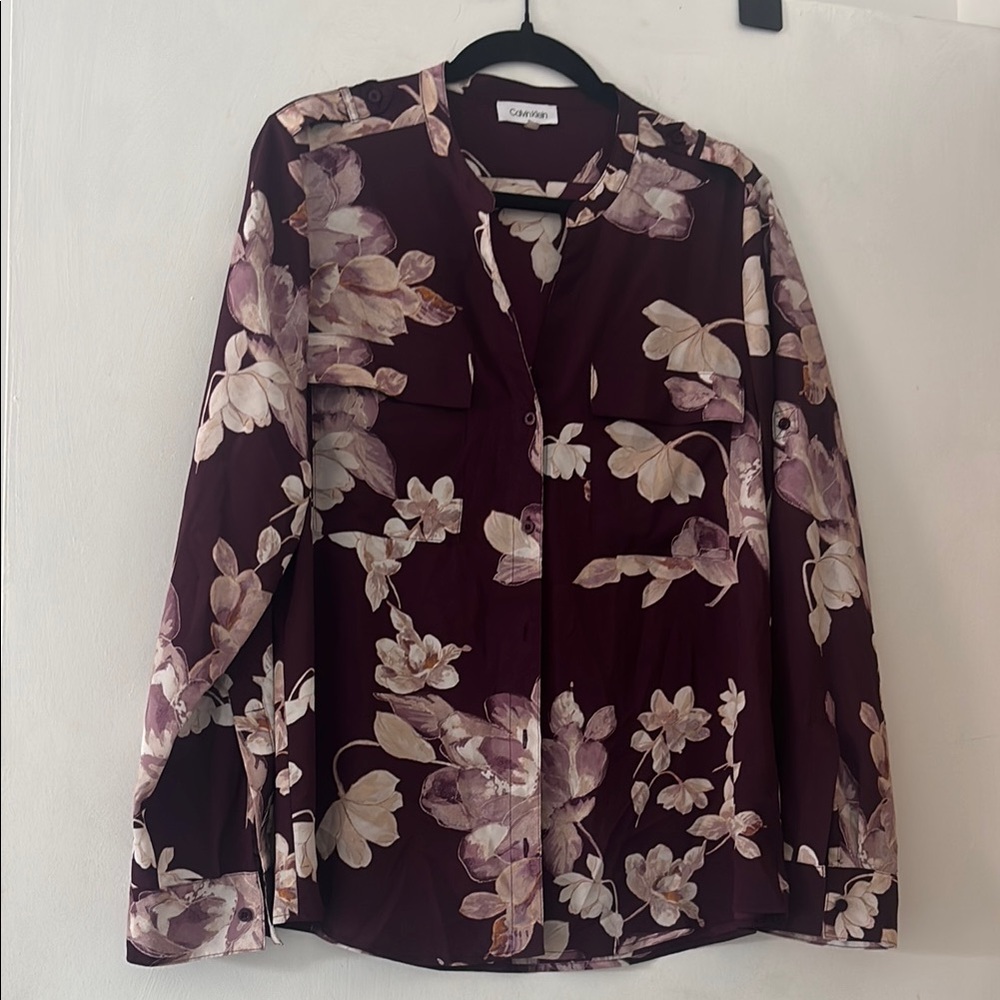Calvin Klein Women's Floral Burgundy Blouse - Picture 1 of 6